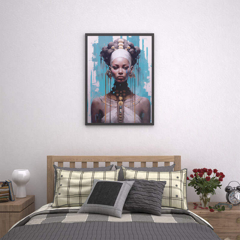 an artistic piece of a beautiful woman of color. The piece is named "Supreme Tribal Queen."