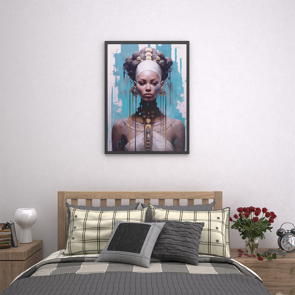 an artistic piece of a beautiful woman of color. The piece is named "Supreme Tribal Queen."
