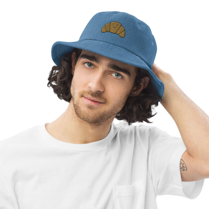 Happy Croissant Embroidered Unisex Denim bucket hat - Image 3